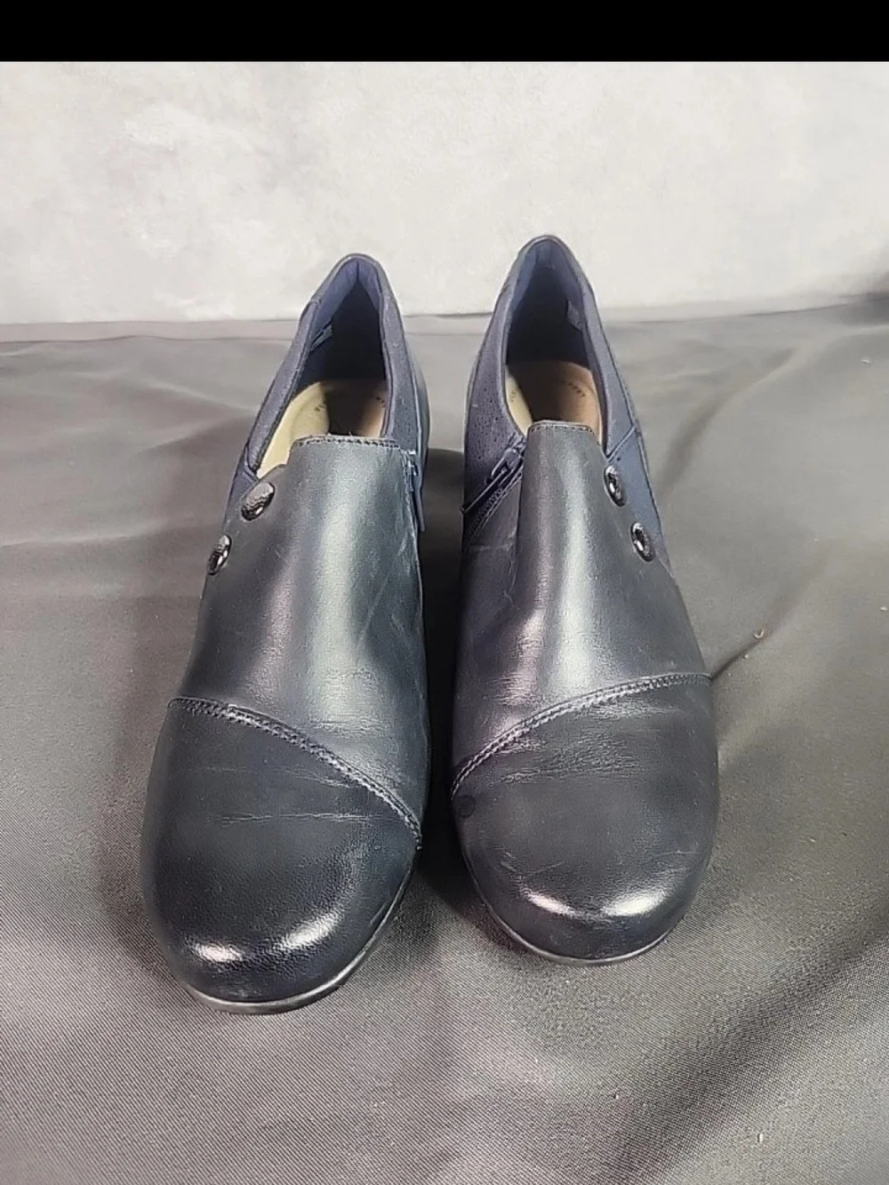 Clarks Navy Leather Low Heel Slip-On Booties